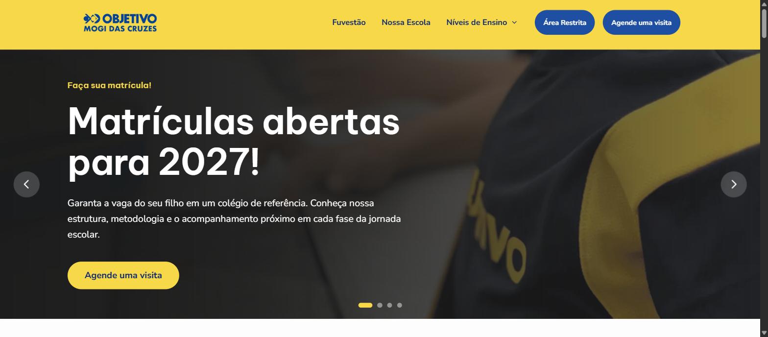 Primeira tela do site do Colégio Objetivo de Mogi das Cruzes, com o banner 